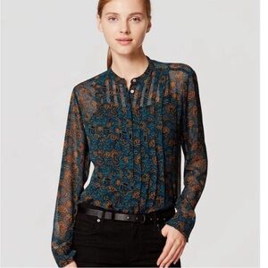 LOFT Deep Green Teal & Gold Floral Blouse